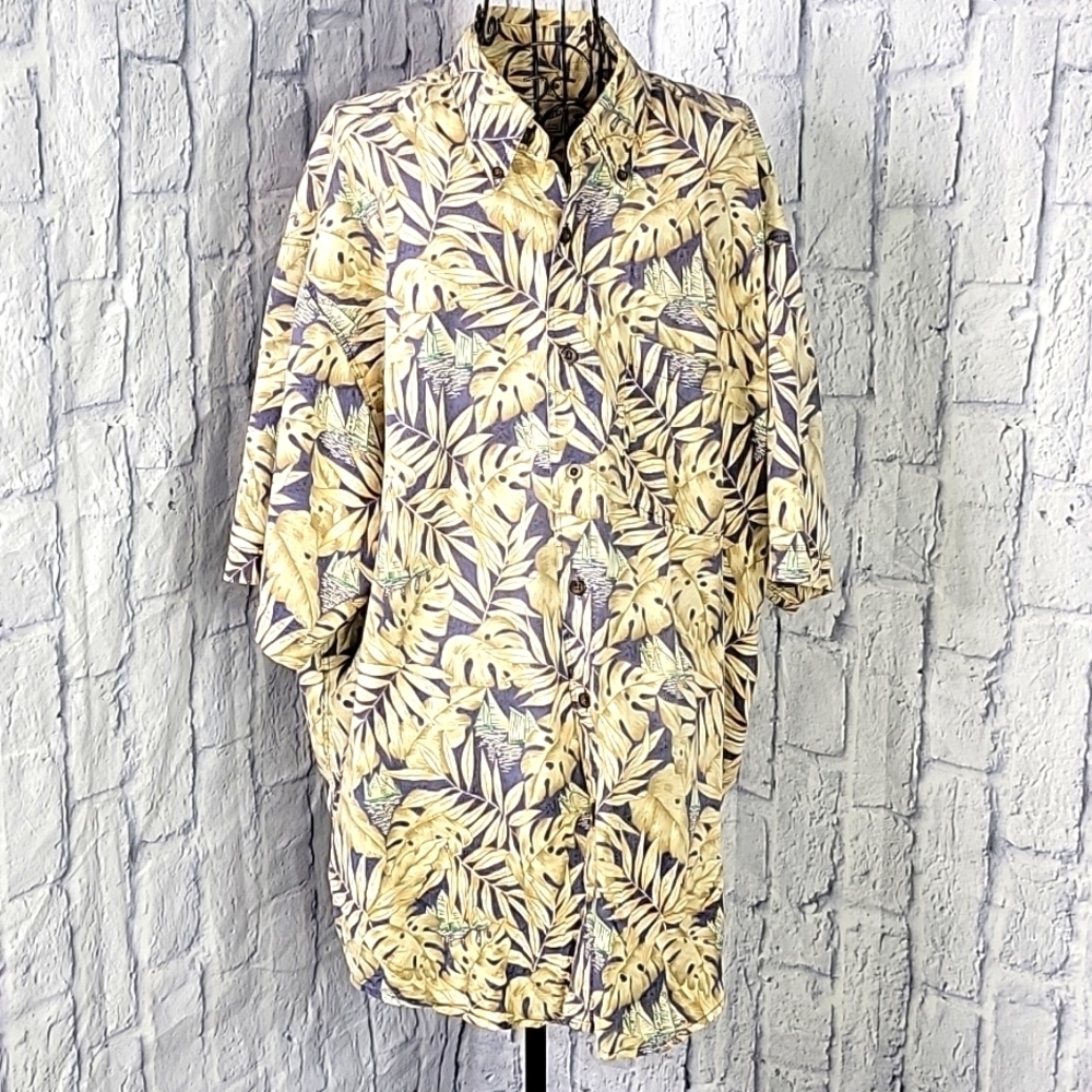WOOLRICH Blue,‎ Tan, and Green Sailboat Hawaiian Shirt XL